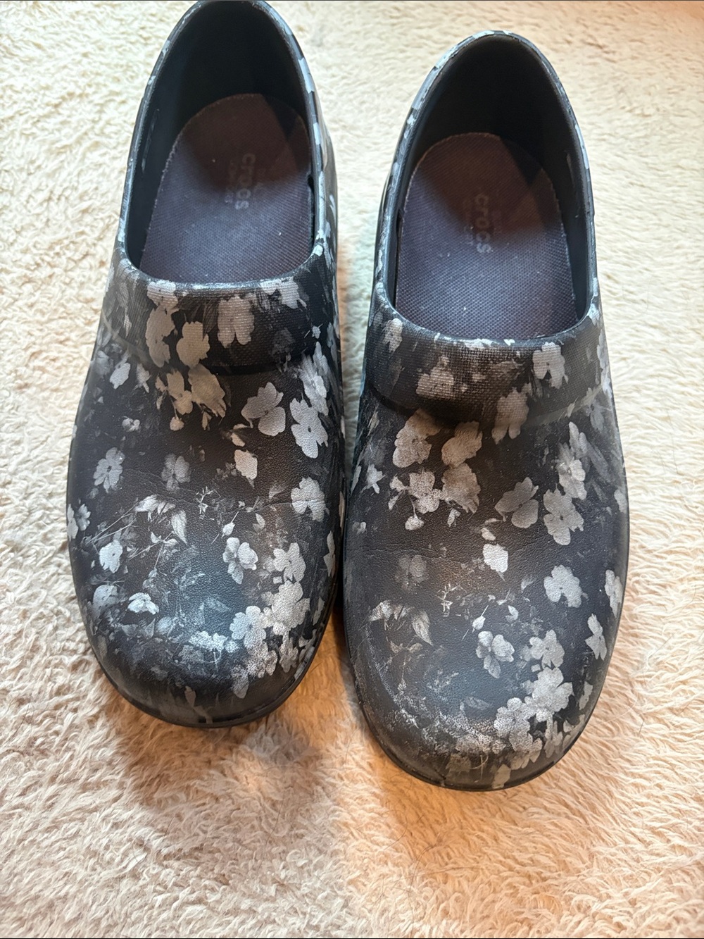 Floral Slip-On Crocs Clogs in Black and White Floral Print